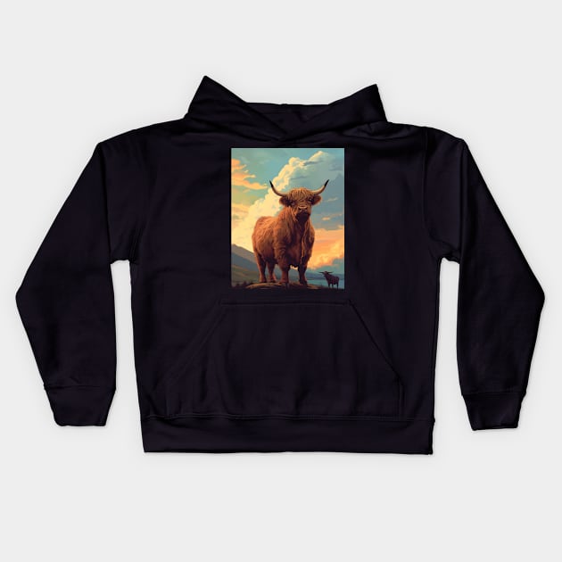 Highland Cattle Sunset Retro Art | Vintage-Inspired Landscape with Scottish Cows Kids Hoodie by The Whimsical Homestead